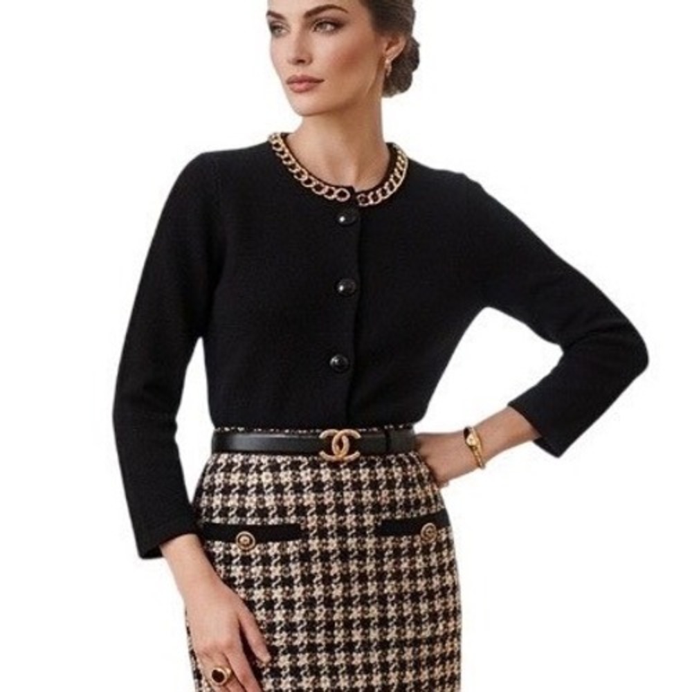 The Michael Collection Vintage Black Wool Blend Gold Chain Cardigan Small Luxury